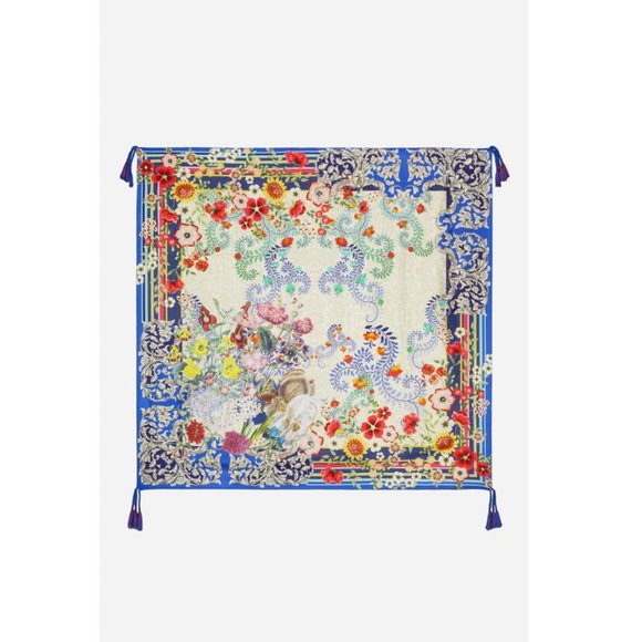 Johnny Was WILD FLOWER Silk Scarf Tassels Red Floral Blue New - Picture 1 of 3
